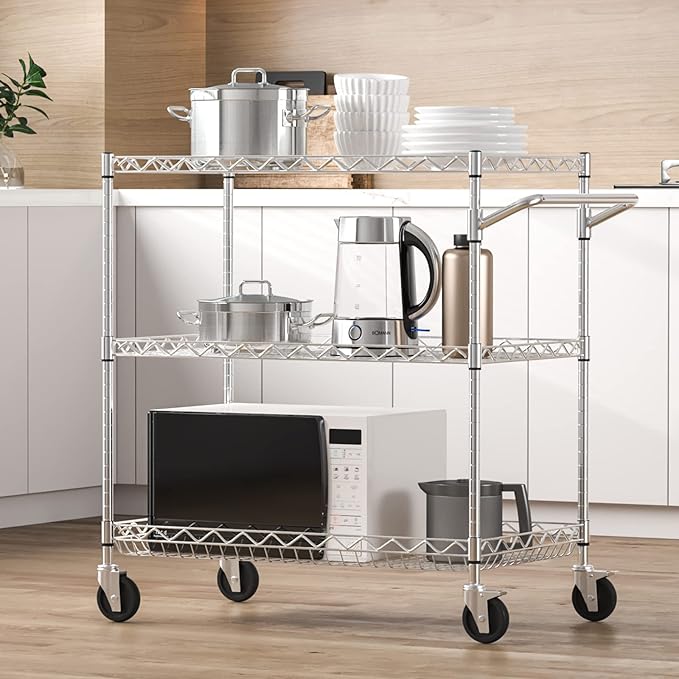 VEVOR Kitchen Utility Cart, 3 Tiers, Wire Rolling Cart with 661 LBS Capacity, Steel Service Cart on Wheels, Metal Storage Trolley with 80 mm Deep Basket Curved Handle 6 Hooks, NSF Listed - LeafyLoom