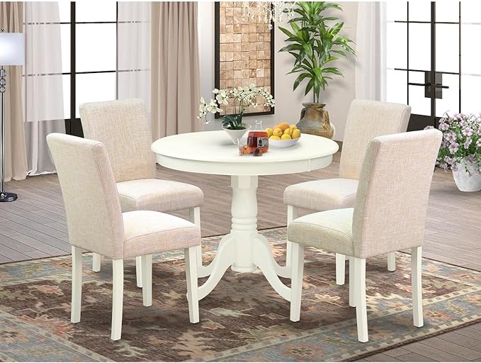 East West Furniture ANAB5-LWH-02 Antique 5 Piece Dining Set for 4 Includes a Round Kitchen Table with Pedestal and 4 Light Beige Linen Fabric Upholstered Chairs, 36x36 Inch - LeafyLoom
