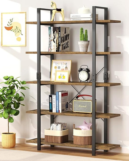 FRAPOW 5 Tier Bookshelf, 70 inch Tall Solid Bookcase Industrial Wooden Bookshelves Large Wall Etagere Rustic Vintage Book Shelf with Metal Frame Open Storage Rack for Living Room Home Office - LeafyLoom