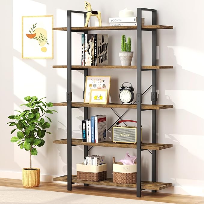 FRAPOW 5 Tier Bookshelf, 70 inch Tall Solid Bookcase Industrial Wooden Bookshelves Large Wall Etagere Rustic Vintage Book Shelf with Metal Frame Open Storage Rack for Living Room Home Office - LeafyLoom