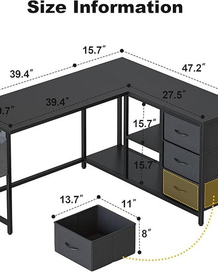 Treesland L Shaped Desk with Drawers, Computer Desk with Storage & Shelves, Corner Desk with Storage, Home Office Desks with Drawers, L Shape Desks with Storage, Black - LeafyLoom
