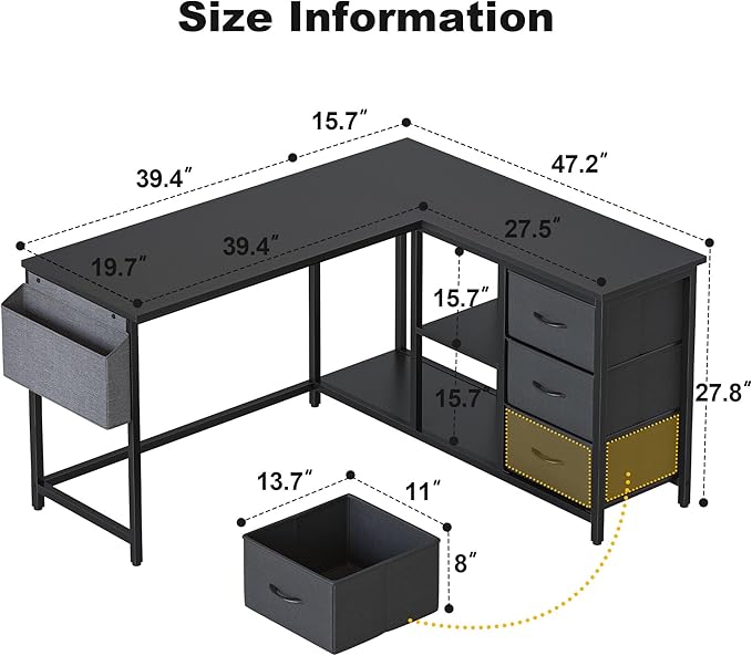Treesland L Shaped Desk with Drawers, Computer Desk with Storage & Shelves, Corner Desk with Storage, Home Office Desks with Drawers, L Shape Desks with Storage, Black - LeafyLoom