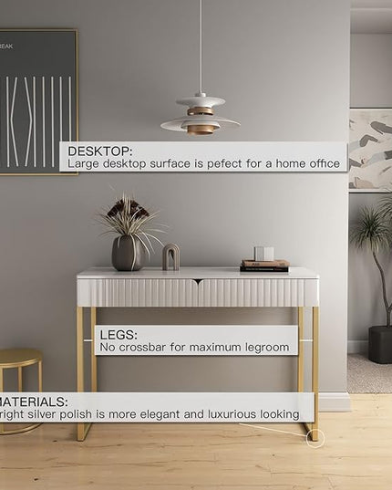 Elegant Modern Desk, 2 Drawers, Gold Legs, 43.3x15.75 inches, Home Office, Makeup Vanity, Computer, Writing, Study, Entryway, Sofa Table - LeafyLoom