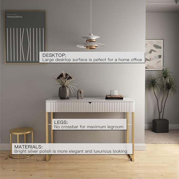 Elegant Modern Desk, 2 Drawers, Gold Legs, 43.3x15.75 inches, Home Office, Makeup Vanity, Computer, Writing, Study, Entryway, Sofa Table - LeafyLoom