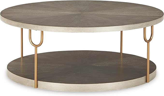 Signature Design by Ashley Ranoka Contemporary Round 42" Coffee Table, Metallic & Goldtone Finish - LeafyLoom