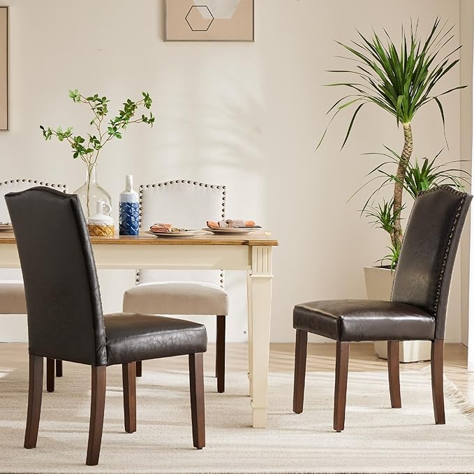 DUMOS Dining Chairs Set of 4, PU Leather Dining Room Chairs, Upholstered Parsons Chairs with Nailhead Trim & Wood Legs, Kitchen Side Chair for Dining Living Room,Bedroom - Brown - LeafyLoom
