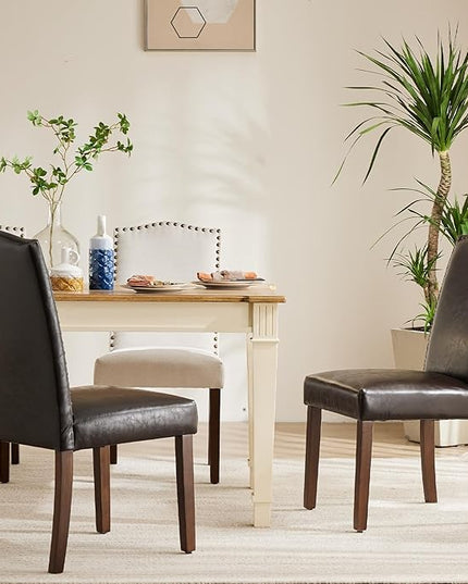 DUMOS Dining Chairs Set of 6, PU Leather Dining Room Chairs, Upholstered Parsons Chairs with Nailhead Trim & Wood Legs, Kitchen Side Chair for Dining Living Room,Bedroom - Brown - LeafyLoom