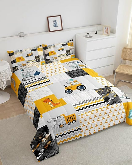 Construction Comforter Set Full Size Kids Cartoon Car Excavator Tractor Toddler Comforter Equipment Trucks Plaid Grid Yellow Comforter Set Construction Vehicles Duvet Set Quilt Set - LeafyLoom