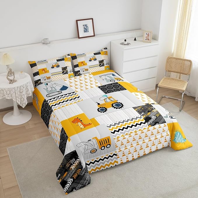 Construction Comforter Set Full Size Kids Cartoon Car Excavator Tractor Toddler Comforter Equipment Trucks Plaid Grid Yellow Comforter Set Construction Vehicles Duvet Set Quilt Set - LeafyLoom