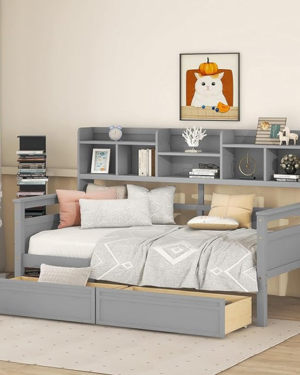 Merax Twin Wood Daybed with Bedside Shelves and Two Drawers Sofa Bed Frame for Kids Boys Girls/No Box Spring Needed Gray - LeafyLoom