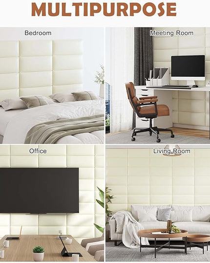 Wall Mounted Upholstered Headboard Full, 3D Peel and Stick Soundproof Wall Panels, Reusable and Removable Padded Headboard Leather Bed Headboard, 6 Panels Headboard 9.84" x 23.62", White - LeafyLoom