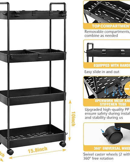 AROGAN Rolling Storage Cart with Wheels, 4 Tier Bathroom Storage Cart Laundry Room Organizer, Rolling Utility Cart for Kitchen, Bathroom, Laundry Room, Office, Narrow Place (Black) - LeafyLoom