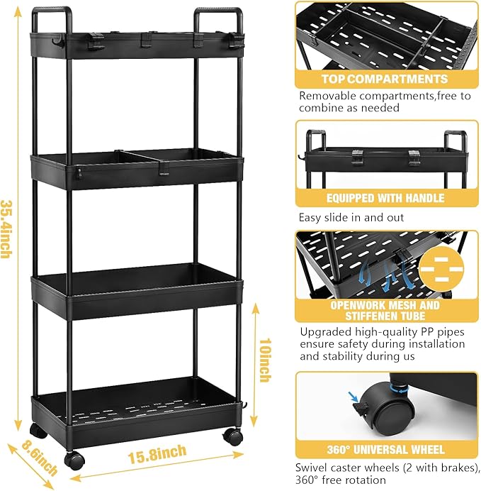 AROGAN Rolling Storage Cart with Wheels, 4 Tier Bathroom Storage Cart Laundry Room Organizer, Rolling Utility Cart for Kitchen, Bathroom, Laundry Room, Office, Narrow Place (Black) - LeafyLoom