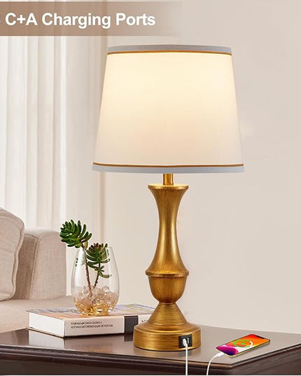 Table Lamps for Bedrooms Set of 2, Gold Bedside Lamps with USB C+A Ports, 3 Way Dimmable Nightstand Lamps with Fabric Lampshade, Touch Table Lamp for Living Room Bedroom Office, Bulbs Included - LeafyLoom