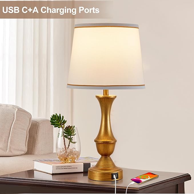 Table Lamps for Bedrooms Set of 2, Gold Bedside Lamps with USB C+A Ports, 3 Way Dimmable Nightstand Lamps with Fabric Lampshade, Touch Table Lamp for Living Room Bedroom Office, Bulbs Included - LeafyLoom