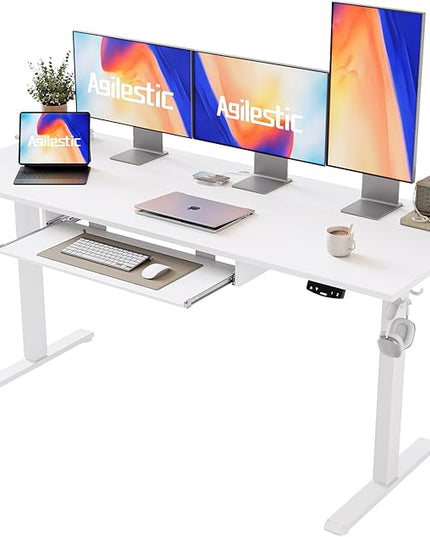 Height Adjustable Desk with Keyboard Tray, 63 x 24 Inches Electric Standing Desk, Stand up Computer Table with Memory Preset, Modern Lift Motorized Gaming Workstation, White - LeafyLoom
