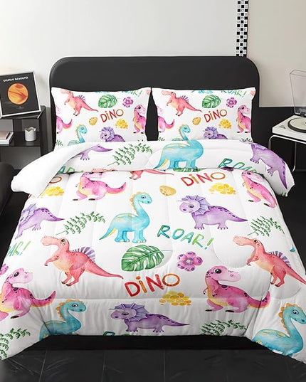 Cartoon Dinosaur Comforter Set Twin 3Pc Kawaii Dinosaur Bedding Set All Season with Tree, Leaf Decoration includes 1 Comforter, 2 Pillowcases for Kids Girls Teens - LeafyLoom