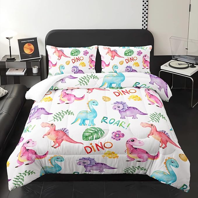 Cartoon Dinosaur Comforter Set Twin 3Pc Kawaii Dinosaur Bedding Set All Season with Tree, Leaf Decoration includes 1 Comforter, 2 Pillowcases for Kids Girls Teens - LeafyLoom