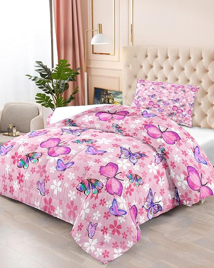 Kids Butterfly Comforter Set - Butterfly Twin Bedding Set Pink Butterflies Prints Bedding Set for Girls Room Cute Princess Bedding Sets for All Season Butterfly Bed Set, 1 Comforter + 1 Pillowcase - LeafyLoom