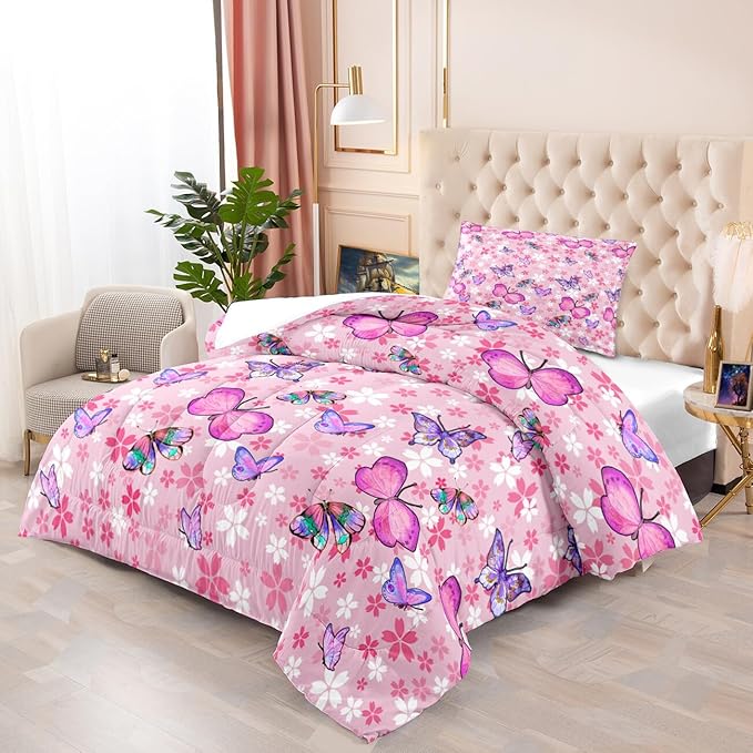 Kids Butterfly Comforter Set - Butterfly Twin Bedding Set Pink Butterflies Prints Bedding Set for Girls Room Cute Princess Bedding Sets for All Season Butterfly Bed Set, 1 Comforter + 1 Pillowcase - LeafyLoom
