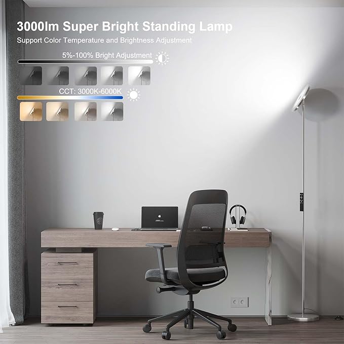 SUNMORY Floor Lamps for Living Room, 32W/3000LM Super Bright LED Floor Lamp with Remote Control, 69" Tall Standing Lamp with Stepless Dimmable, Modern Torchiere Corner Lamp for Bedroom, Office Nickel - LeafyLoom