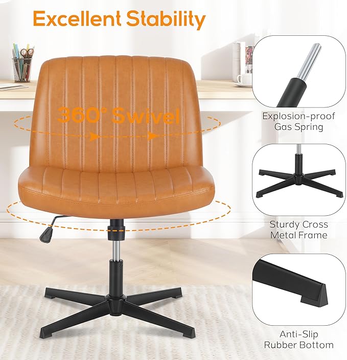 Criss Cross Chair, Cross Legged Office Chair, Wide Comfty Desk Chair, No Wheels Armless Computer Task Chair, Swivel Vanity Home Chair, Height Adjustable - LeafyLoom