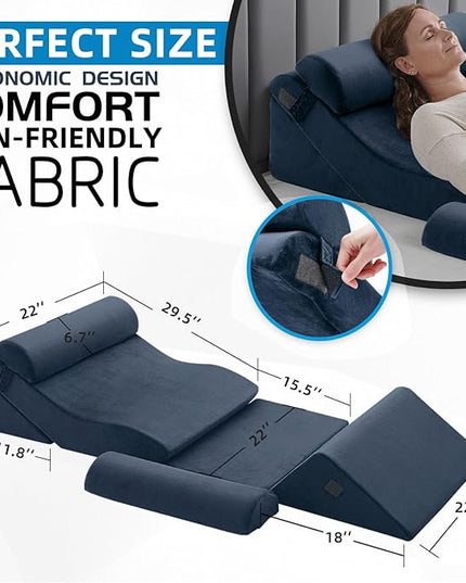 Axelrod 6PCS Orthopedic Bed Wedge Pillow Set, Post Surgery Foam for Back, Neck & Leg Pain Relief Comfortable & Adjustable Ortho Pillows- Anti Snoring, Heartburn, Acid Reflux & GERD Sleeping Indigo - LeafyLoom