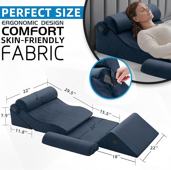 Axelrod 6PCS Orthopedic Bed Wedge Pillow Set, Post Surgery Foam for Back, Neck & Leg Pain Relief Comfortable & Adjustable Ortho Pillows- Anti Snoring, Heartburn, Acid Reflux & GERD Sleeping Indigo - LeafyLoom