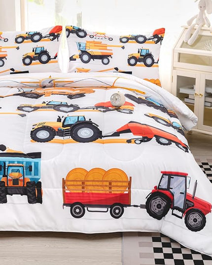 CVHOUSE Tractor Bedding Sets for Boys,Excavators Comforter King,Boys Cartoon Truck Comforter Set,Trucks Tractors Cars Quilt Set with 1 Comforter and 2 Pillow Cases- 3 Piece - LeafyLoom