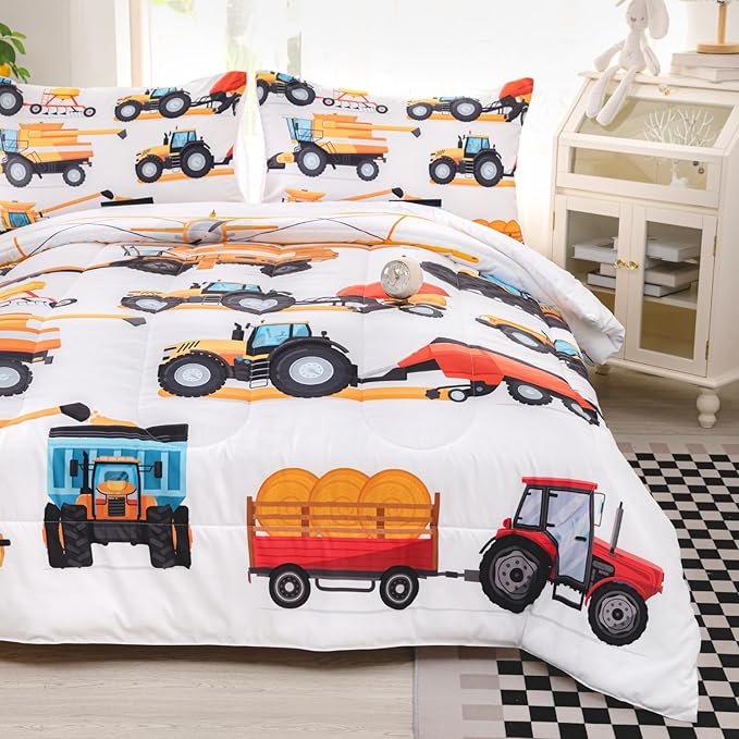 CVHOUSE Tractor Bedding Sets for Boys,Excavators Comforter Twin,Boys Cartoon Truck Comforter Set,Trucks Tractors Cars Quilt Set with 1 Comforter and 2 Pillow Cases- 3 Piece - LeafyLoom