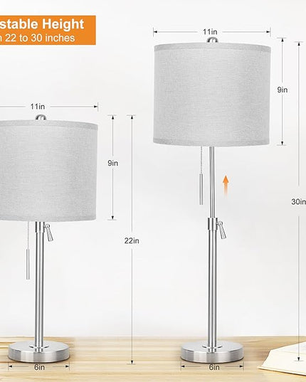 Brushed Nickel Table Lamps Set of 2: 22" to 30" Height Adjustable Nightstand Lamps with Grey Linen Shade Pull Chain Switch Silver Pole Beside Lamp for Living Room Bedroom (Brushed Nickel,Grey Shade) - LeafyLoom