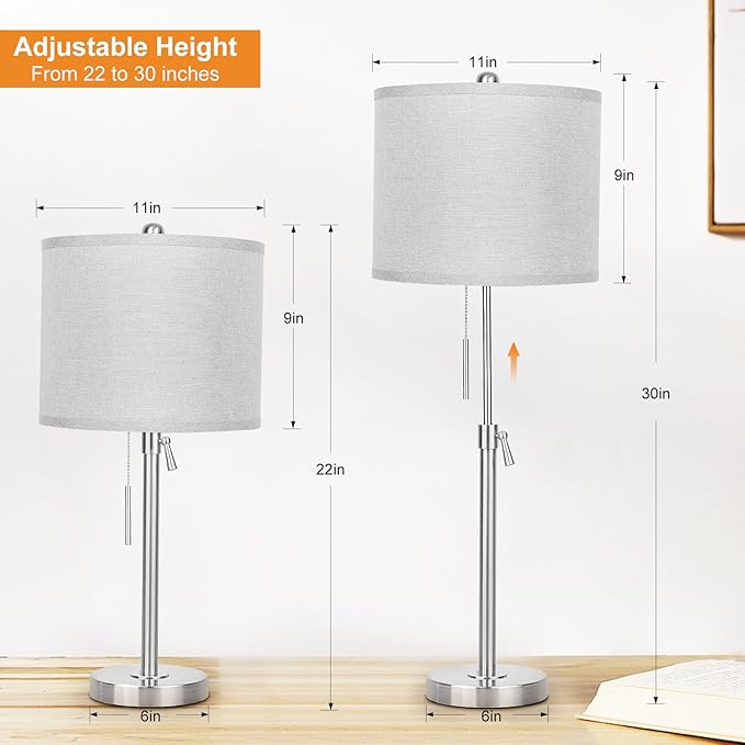 Brushed Nickel Table Lamps Set of 2: 22" to 30" Height Adjustable Nightstand Lamps with Grey Linen Shade Pull Chain Switch Silver Pole Beside Lamp for Living Room Bedroom (Brushed Nickel,Grey Shade) - LeafyLoom