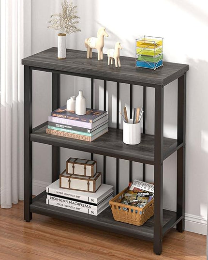 FOLUBAN 3 Tier Book Shelf, Modern Short Bookshelf for Small Space, Industrial Wood and Metal Bookcase for Bedroom, Living Room, Office (Dark Gray Oak) - LeafyLoom