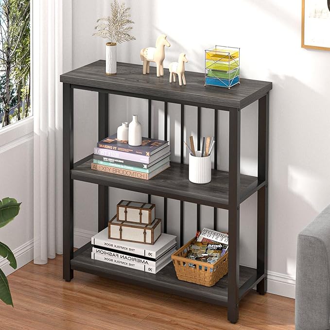 FOLUBAN 3 Tier Book Shelf, Modern Short Bookshelf for Small Space, Industrial Wood and Metal Bookcase for Bedroom, Living Room, Office (Dark Gray Oak) - LeafyLoom