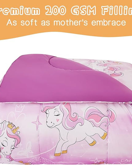 Unicorn Kids Comforter Set for Girls Full Size, Cute Reversible Quilted Lavender Printed Bedding Set with Pillow Sham, Lightweight Soft Breathable Machine Washable Bed Set 3 Piece - LeafyLoom