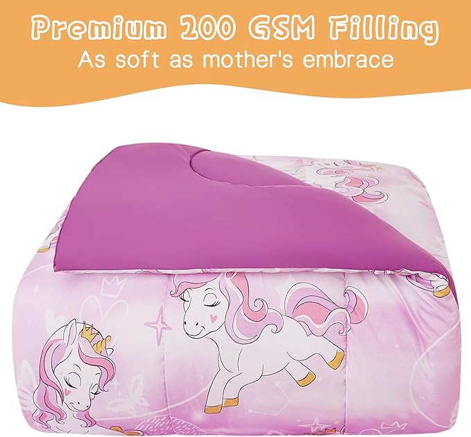 Unicorn Kids Comforter Set for Girls Full Size, Cute Reversible Quilted Lavender Printed Bedding Set with Pillow Sham, Lightweight Soft Breathable Machine Washable Bed Set 3 Piece - LeafyLoom