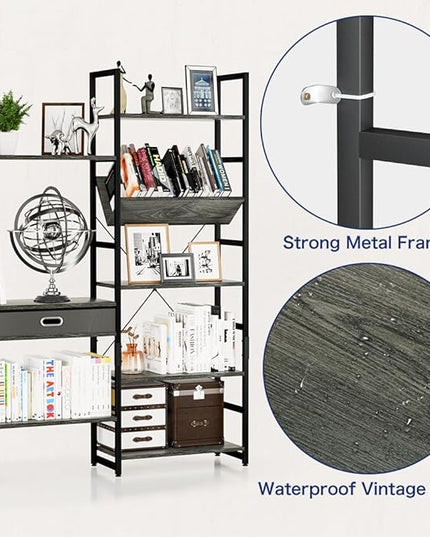NUMENN Triple Wide 5 Tier Bookshelf, Adjustable Rustic Industrial Style Book Shelves, Modern Bookcases and Bookshelves Furniture for Bedroom, Living Room and Home Office, Dark Grey - LeafyLoom
