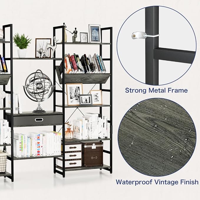 NUMENN Triple Wide 5 Tier Bookshelf, Adjustable Rustic Industrial Style Book Shelves, Modern Bookcases and Bookshelves Furniture for Bedroom, Living Room and Home Office, Dark Grey - LeafyLoom