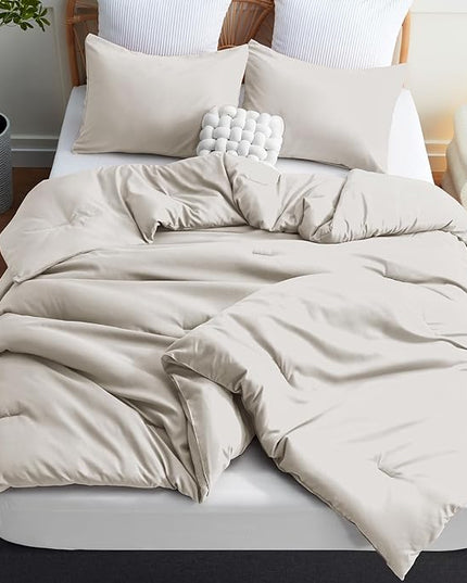 CozyLux Beige Comforter Set King Size, 3 Pieces Boho Solid Breathable Quilted Style Bedding Sets, Luxury Fluffy Soft Microfiber Comforter for All Season(1 Comforter & 2 Pillowcases) - LeafyLoom