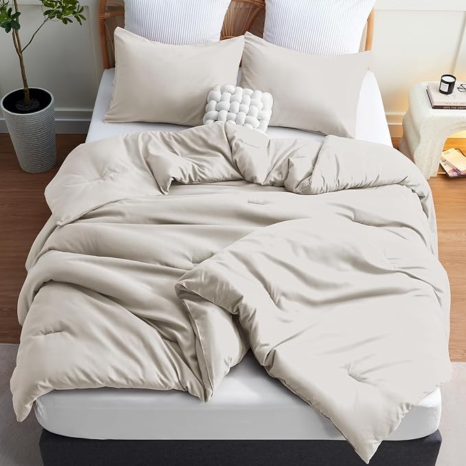 CozyLux Beige Comforter Set King Size, 3 Pieces Boho Solid Breathable Quilted Style Bedding Sets, Luxury Fluffy Soft Microfiber Comforter for All Season(1 Comforter & 2 Pillowcases) - LeafyLoom