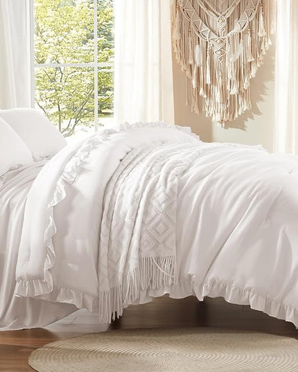 Anluoer King Comforter Set 7 Piece, White Bed in a Bag with Sheets, All Season Ruffle Shabby Chic Bedding Sets with 1 Comforter, 2 Pillow Shams, 2 Pillowcases, 1 Flat Sheet, 1 Fitted Sheet - LeafyLoom