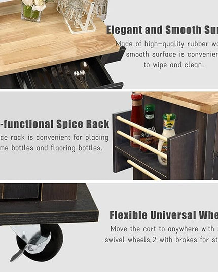 NSdirect Kitchen Island Cart,Kitchen Bar&Serving Cart Rolling on Wheels with Spice Rack Towel Holder Utility Storage Trolley with Storage Drawers for Home Hotel Kitchen Dinning Room (Dark Brown) - LeafyLoom