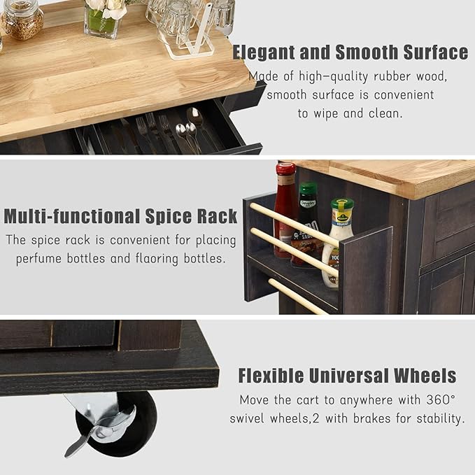 NSdirect Kitchen Island Cart,Kitchen Bar&Serving Cart Rolling on Wheels with Spice Rack Towel Holder Utility Storage Trolley with Storage Drawers for Home Hotel Kitchen Dinning Room (Dark Brown) - LeafyLoom