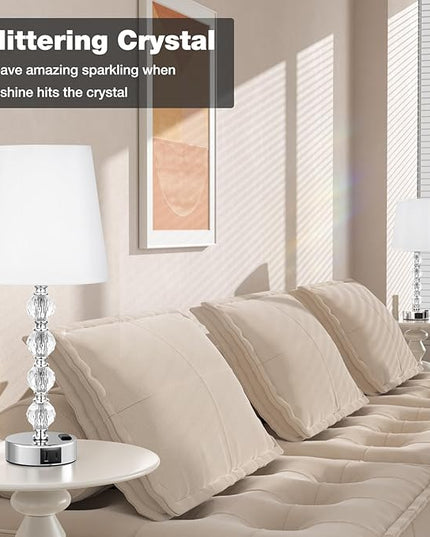 Bedside Lamps for bedrooms Set of 2 Nightstand - Large Crystal Table Lamps with USB C Charging Ports and AC Outlet, 3 Way Dimmable Touch Control Silver Bed Side Table Lamp for Living Room/Dining Room - LeafyLoom