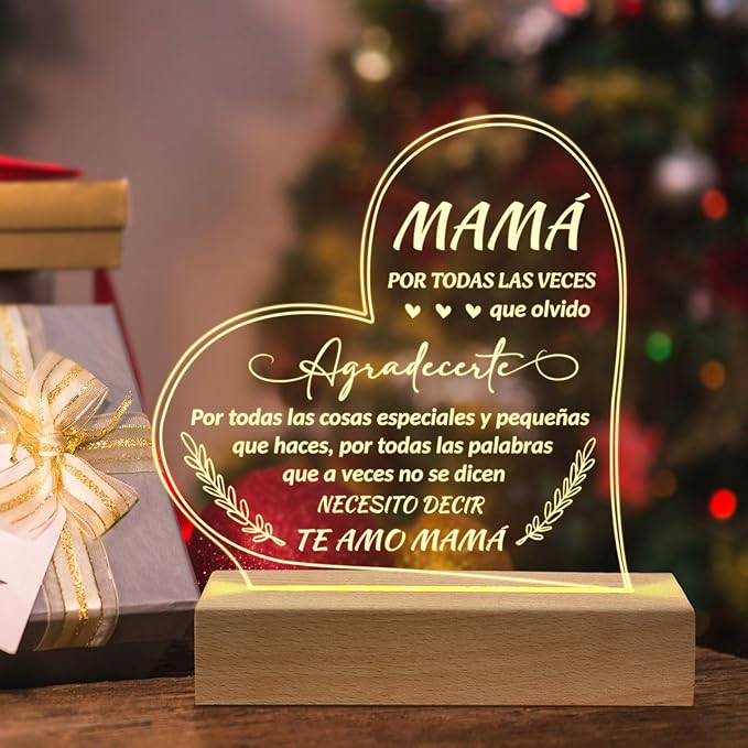 Regalos para Mamá, Gifts for Mom in Spanish, Regalo De Cumpleaños Para Madre- Engraved Wooden Base Lamp Presents- Regalos Para Mujer, Mama Gifts - LeafyLoom