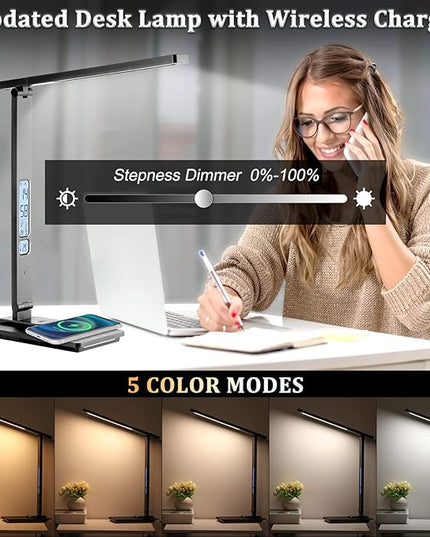 Dott Arts LED Desk Lamp with Wireless Charger, Touch Control Study Lamp with USB Charging Port, Table Lamp with Clock, Alarm, Date, Temperature, Office Lamp, Desk Lamps for Home Office,Black - LeafyLoom