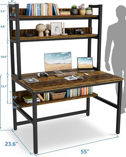 Aquzee Computer Desk with Hutch Bookshelves, 55 Inch Home Office Writing Desk with Space Saving Design, Gaming Table Organized Desk with Storage Shelves Bookshelf Easy Assemble, Rustic Brown - LeafyLoom