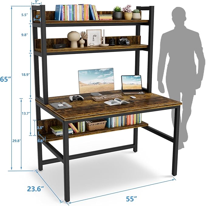 Aquzee Computer Desk with Hutch Bookshelves, 55 Inch Home Office Writing Desk with Space Saving Design, Gaming Table Organized Desk with Storage Shelves Bookshelf Easy Assemble, Rustic Brown - LeafyLoom
