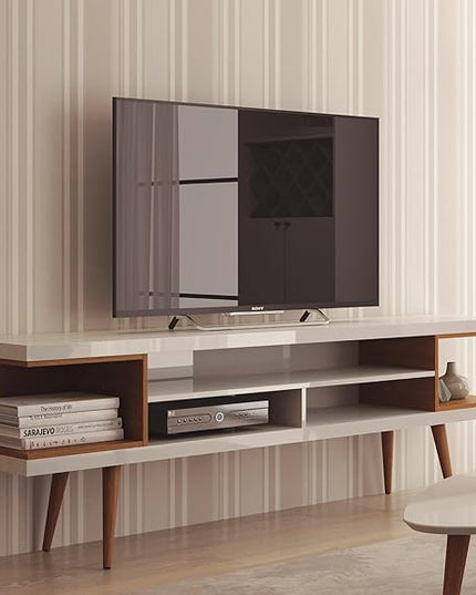 Manhattan Comfort Utopia 70.47" Freestanding Entertainment Center for Living Room, Mid Century Modern TV Stand with Shelves, Storage and Media Holes, Fits 65" Screens, 70.47 Inches, White and Maple - LeafyLoom