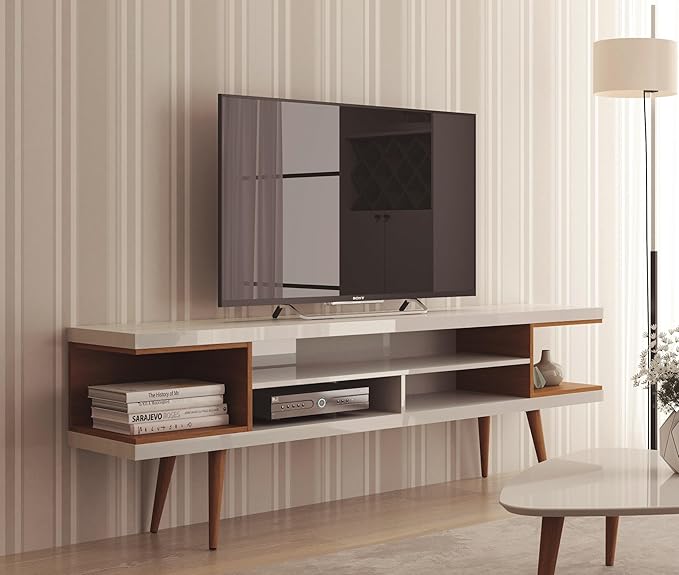 Manhattan Comfort Utopia 70.47" Freestanding Entertainment Center for Living Room, Mid Century Modern TV Stand with Shelves, Storage and Media Holes, Fits 65" Screens, 70.47 Inches, White and Maple - LeafyLoom